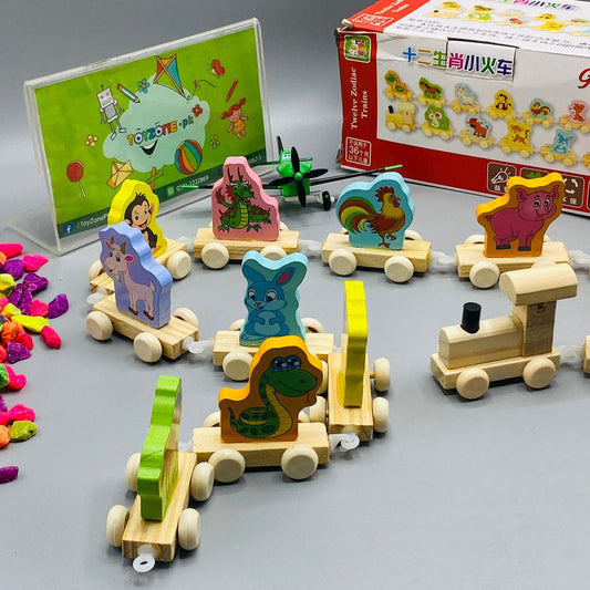12 EDUCATIONAL ZODIAC SIGN ANIMAL WOODEN TRAIN FOR KIDS